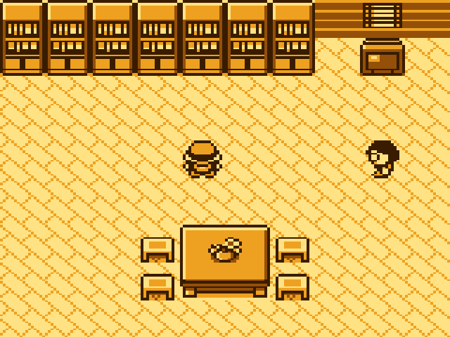 GameQ's amber game room, with bookshelves across the back, a player in the middle and a clerk on the right.