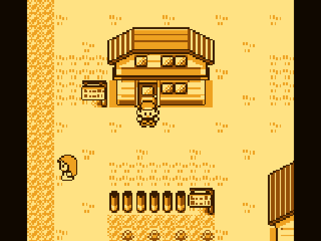 Pokémon Red running with GameQ’s amber palette and narrow dark side bars