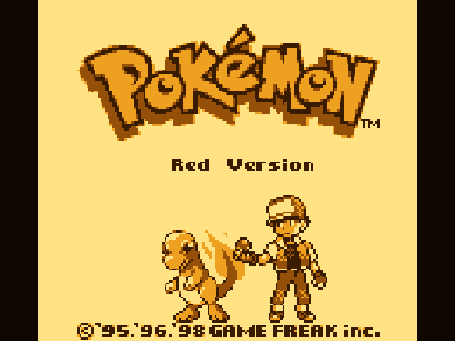 Pokémon Red title screen with Red and Charmander, in GameQ’s amber palette.
